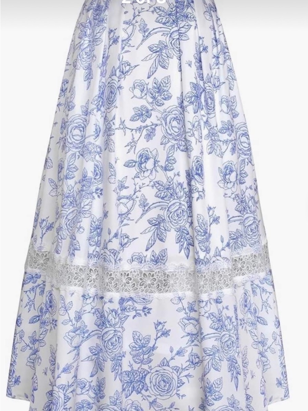 Blue and White Floral A-Line Maxi Skirt with Lace Panel